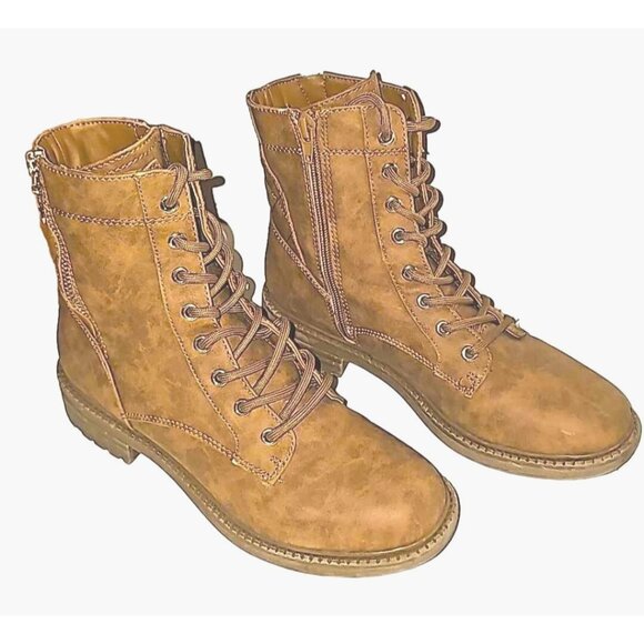 GBG Los Angeles Women's Lite Brown Ankle Combat Boots Size 7M Lace Up & Side Zip - Picture 3 of 7